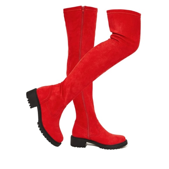 Suede Over The Knee Boots Round Toe Side Zipper Flat Thigh High Boots Red - Picture 3 of 5